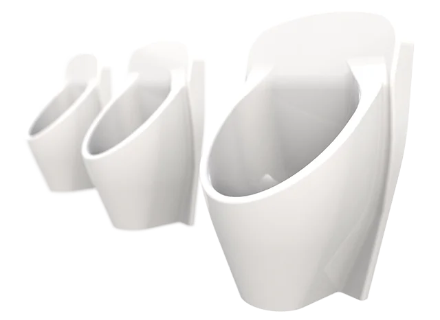 Three white GRP urinal troughs