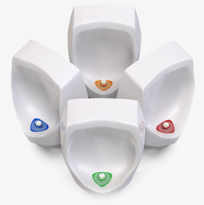 Four white urinals each with a different coloured urinal screen.